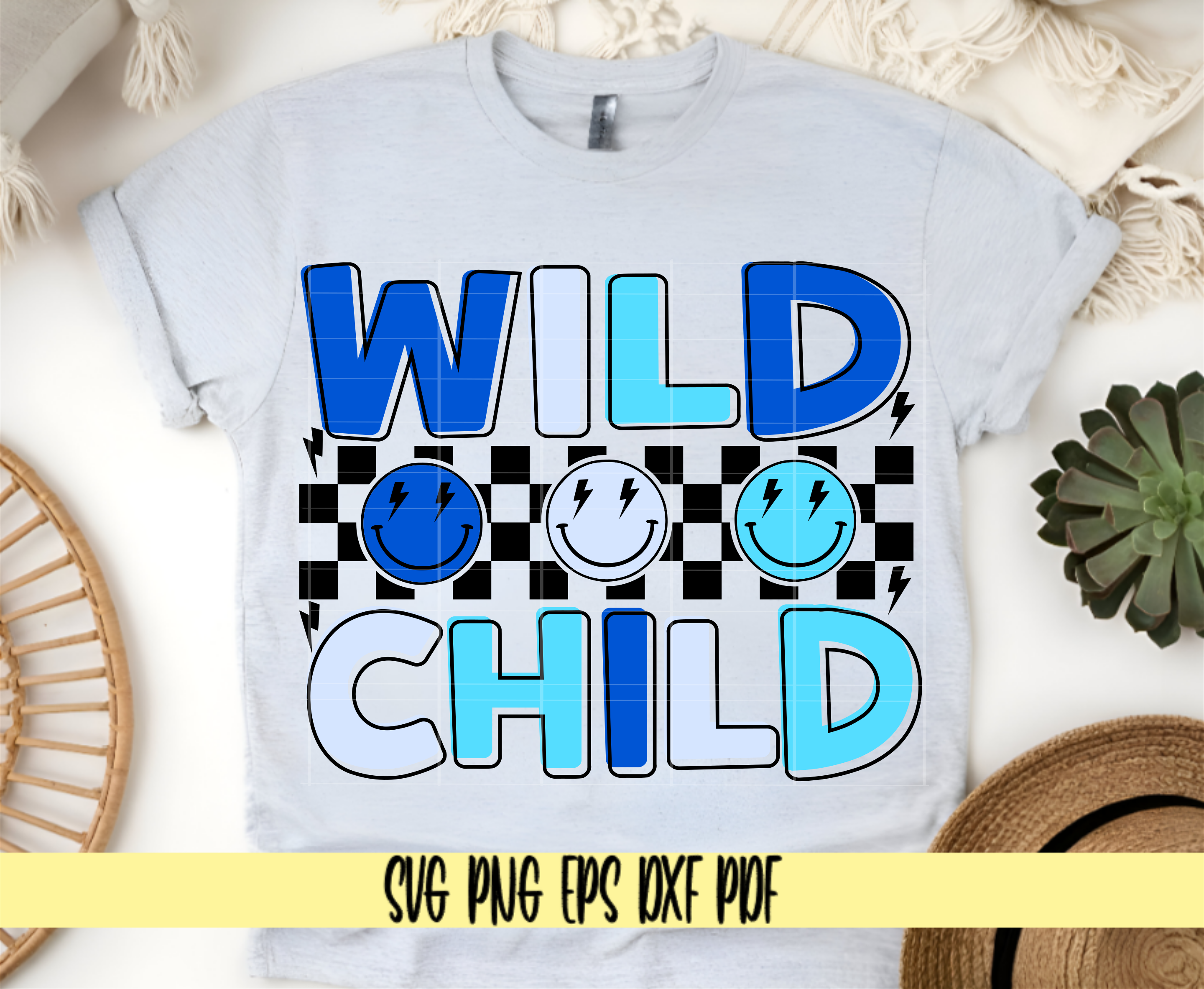 Wild Child Retro Checkered Smile Faces in Blue  SVG