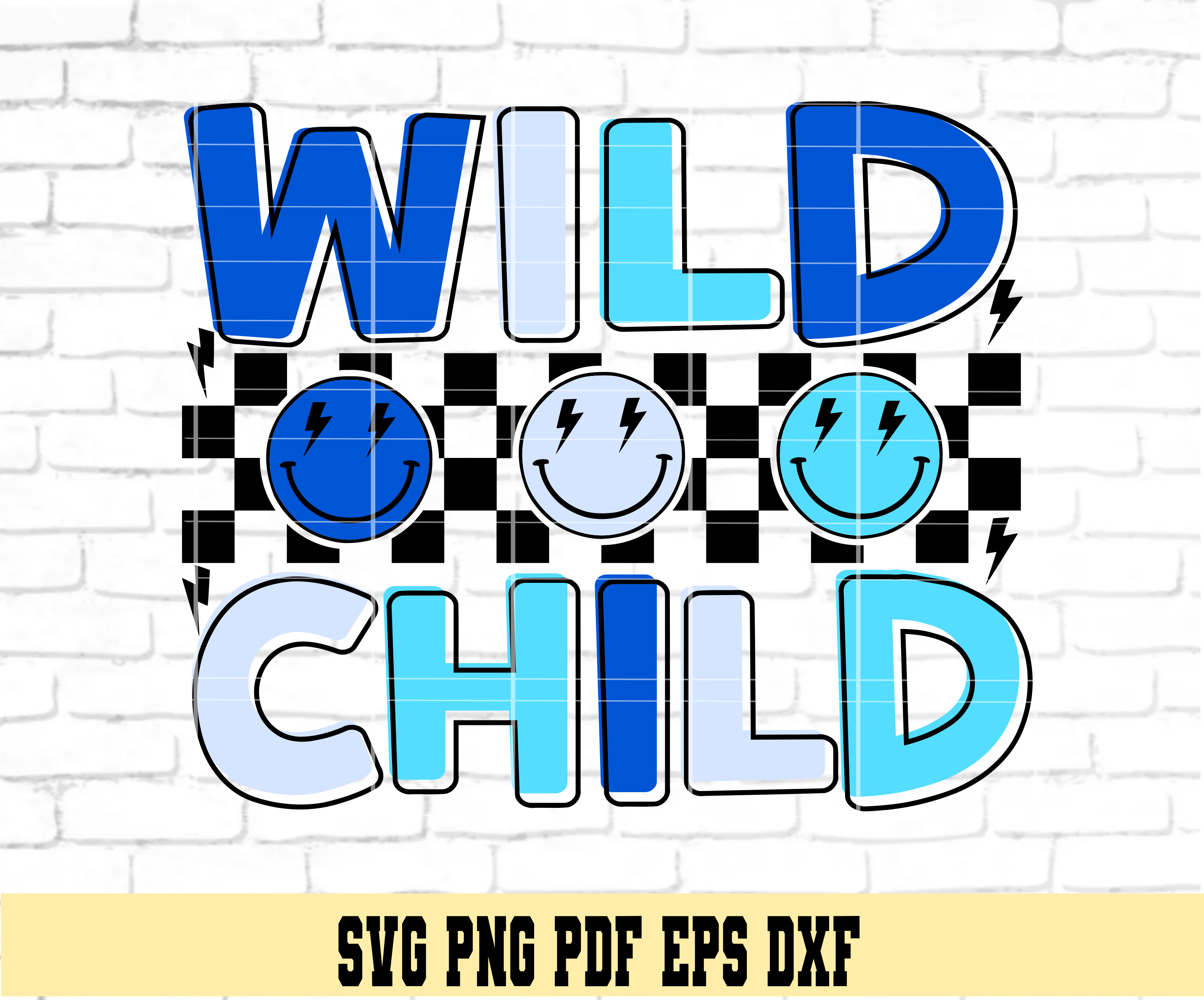 Wild Child Retro Checkered Smile Faces in Blue  SVG