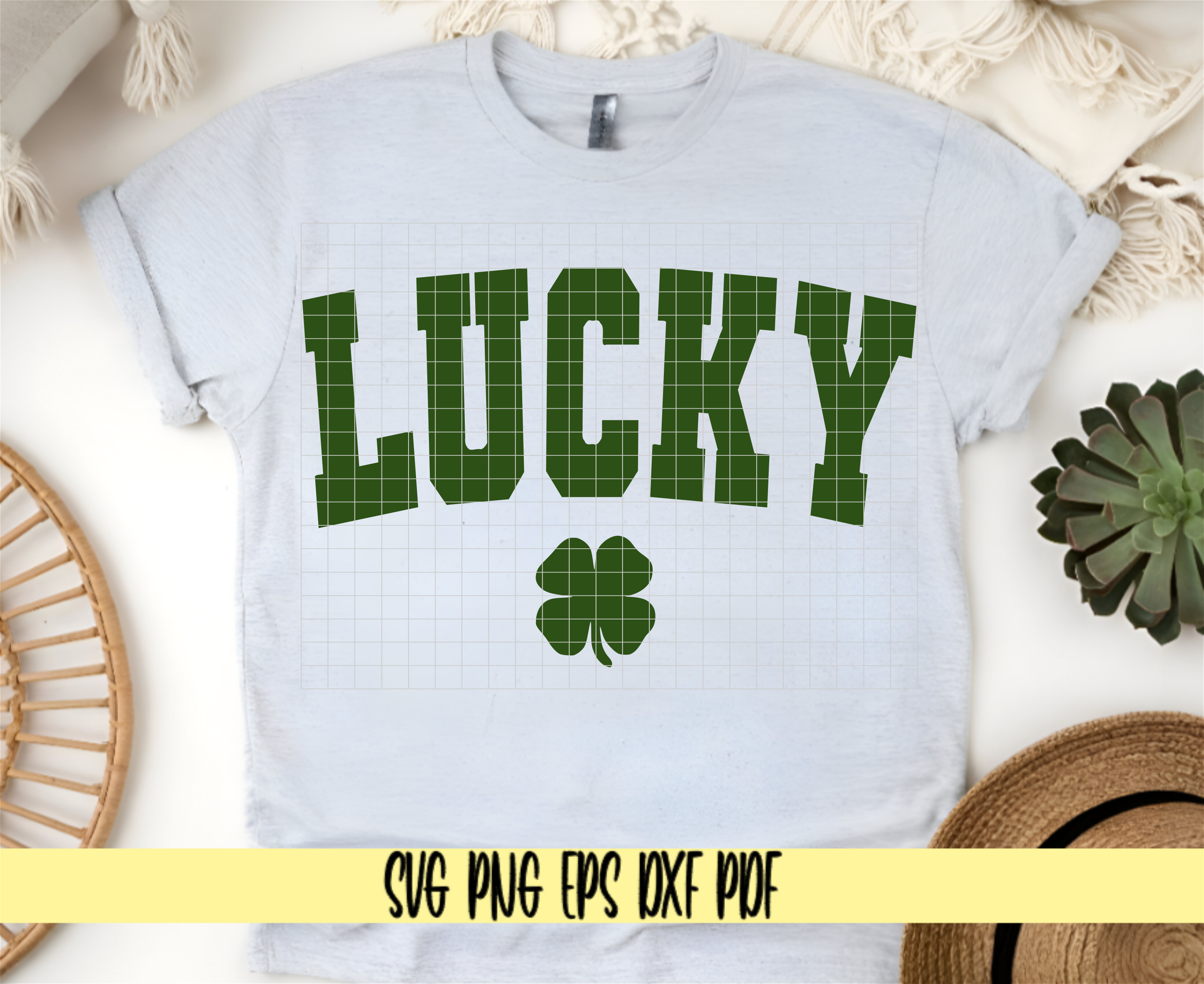Lucky Curved Varsity Design in Green with a 4-Leaf Clover SVG