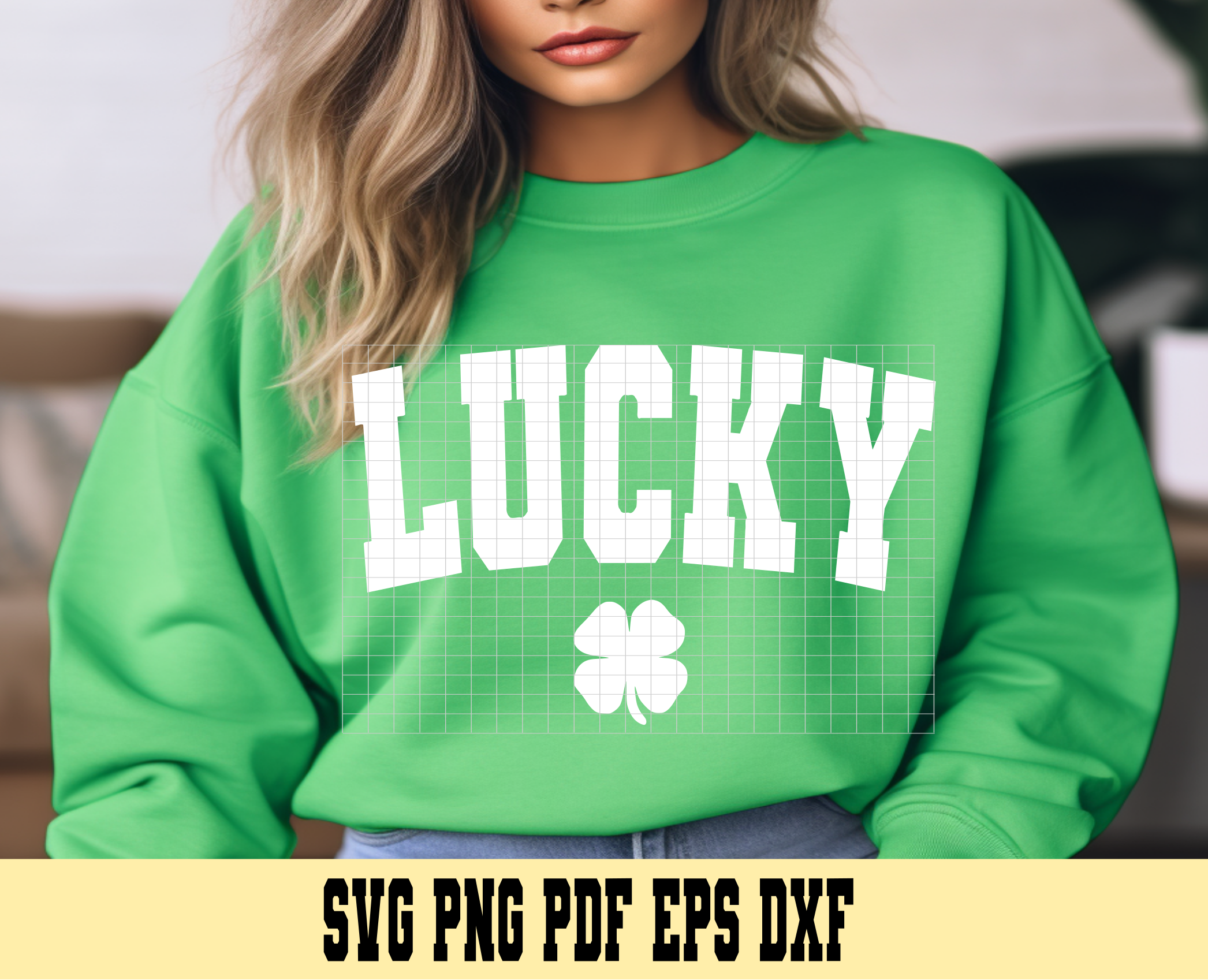 Lucky Curved Varsity Design in White with a 4-Leaf Clover SVG