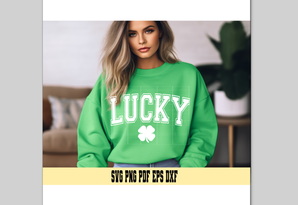 Lucky Curved Varsity with 4 Leaf Clover in White and Green svg