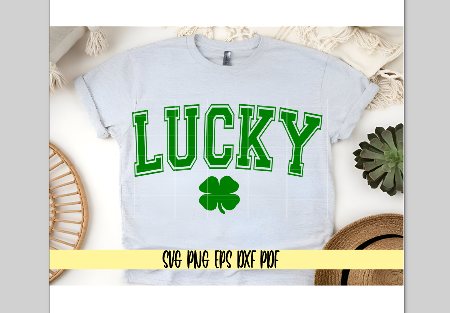 Lucky Curved Varsity with 4 Leaf Clover in White and Green - Saint Patty's Day Design - Digital Cut File for Cricut - SVG PNG PDF DXF EPS