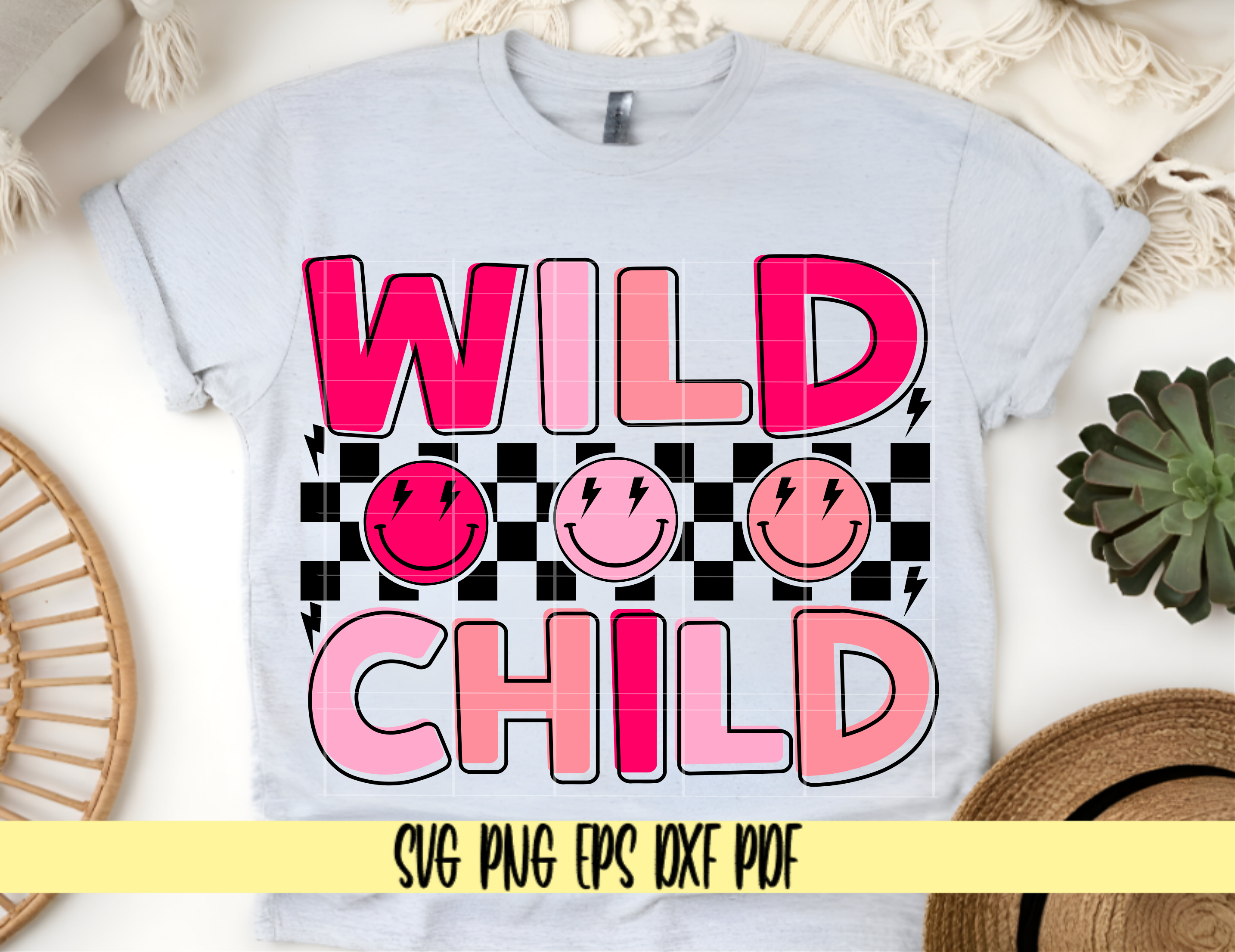 Wild Child Retro Checkered Smile Faces in Pink and Blue  SVG