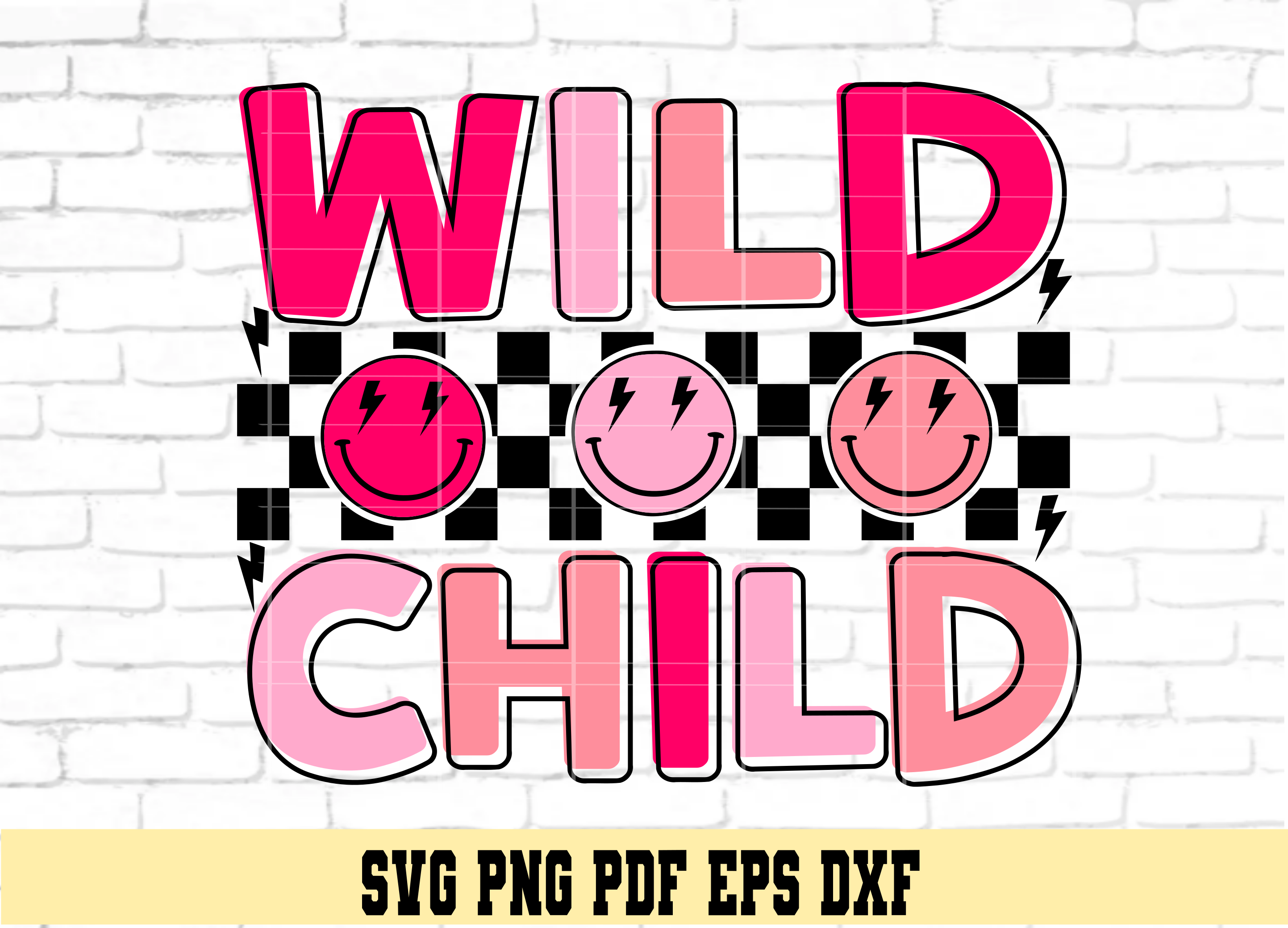 Wild Child Retro Checkered Smile Faces in Pink SVG